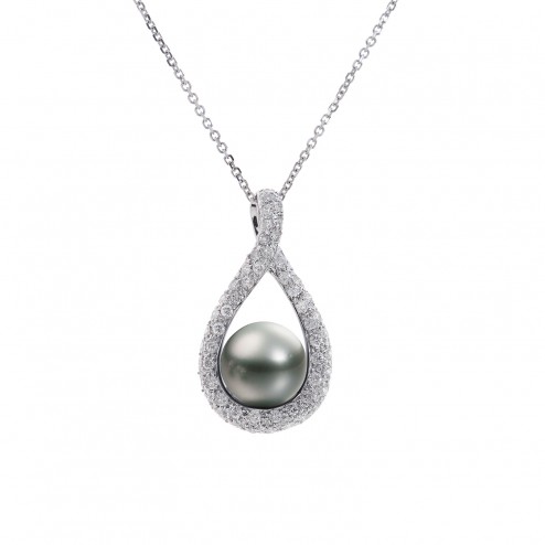 0.60 Carat Pavé Round Diamond & Black Tahitian Pearl Pendant Necklace 14K White Gold 