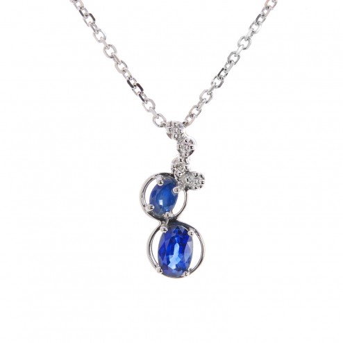 0.80 Carat Oval Shape Sapphire & Round Diamond Pendant on Cable Link Chain 14K White Gold