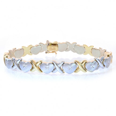 8.5mm Ladies 14K Two Tone Gold Hearts and Kisses Bracelet