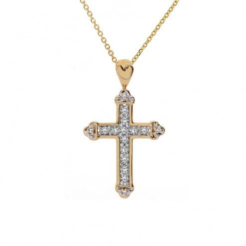 0.50 Carat Pavé Round Diamond Coptic Cross Pendant 14K Yellow Gold 