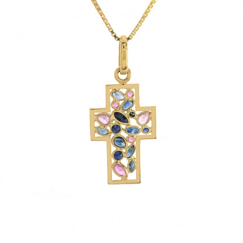 1.25 Carat Blue & Pink Sapphire Cross Pendant 18K Yellow Gold 