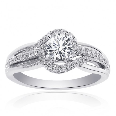 1.00 Carat G-SI2 Natural Round Diamond Swirl Halo Engagement Ring 14k White Gold 