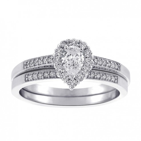 0.55 Carat E-SI2 Natural Pear Shape Diamond Engagement Bridal Set 14K White Gold