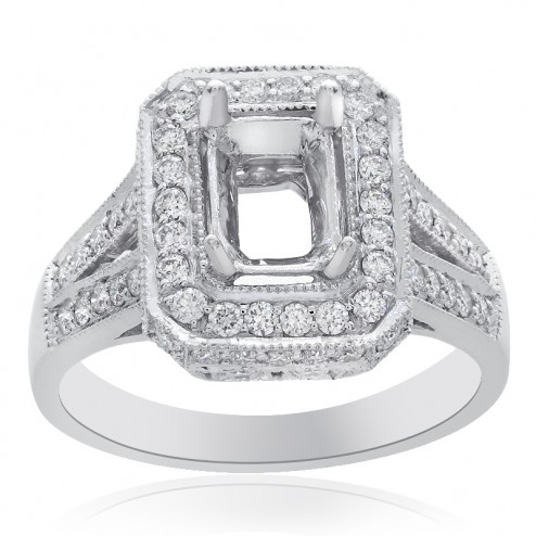 0.90 Carat Round Diamond Antique Inspired Halo Engagement Mounting 18K White Gold