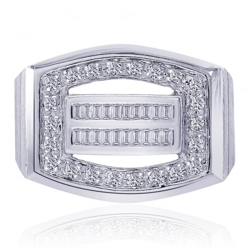 0.50 Carat Pave Round Cut and Baguette Cut Diamonds Mens Ring 14K White Gold