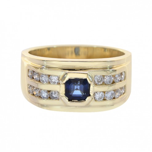 0.65 Carat Round Diamonds 0.75 Carat Princess Sapphire Mens Ring 14K Yellow Gold
