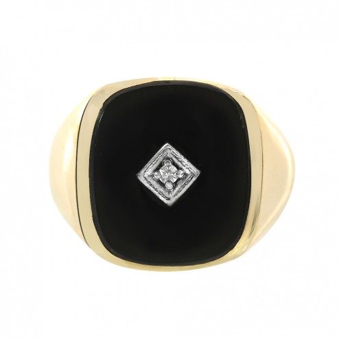 0.02 Carat Diamond Accent Black Onyx Man's Ring 14K Yellow Gold