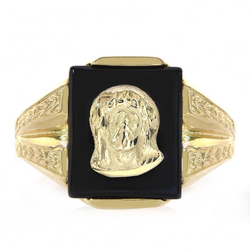 14k Yellow Gold Onyx Face of Jesus Religious Mens Ring