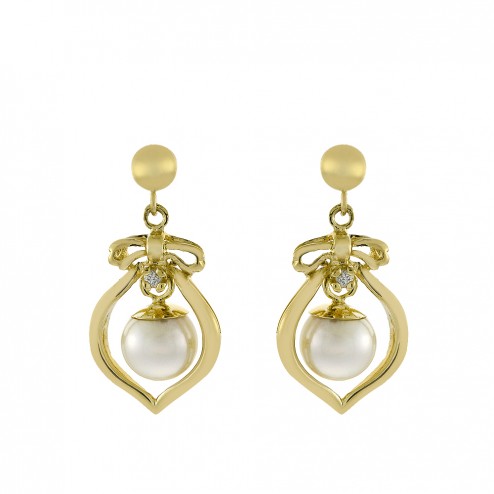 6.4 mm Freshwater Pearl with 0.02 Carat Diamonds Earrings in 14K Yellow Gold 