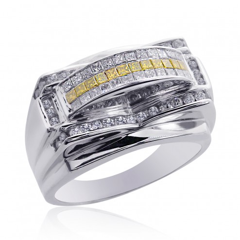 1.25 Carat Mens Princess Cut Yellow and White Diamond Ring 14K White Gold