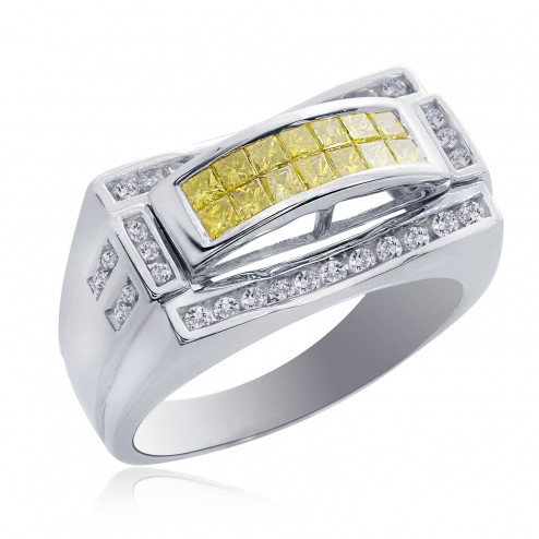 1.25 Carat Mens Princess Cut Yellow and White Diamond Ring 14K White Gold