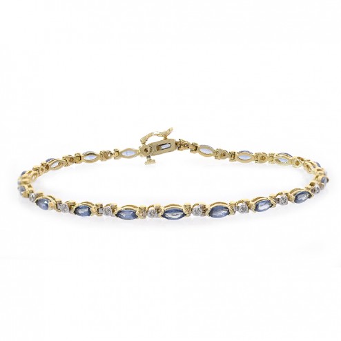3.60 Carat Marquise Cut Sapphires & Round Cut Diamond Bracelet 14K Yellow Gold