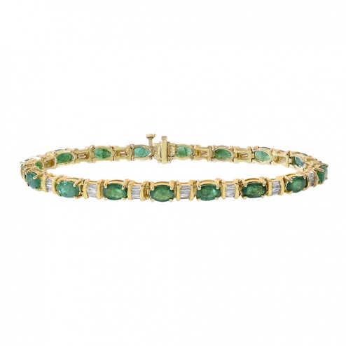 9.50 Carat Oval Cut Emerald & Baguette Cut Diamonds Bracelet 14K Yellow Gold