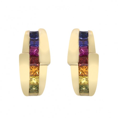 1.25 Carat Rainbow Sapphire Omega Closure Earrings 14K Yellow Gold