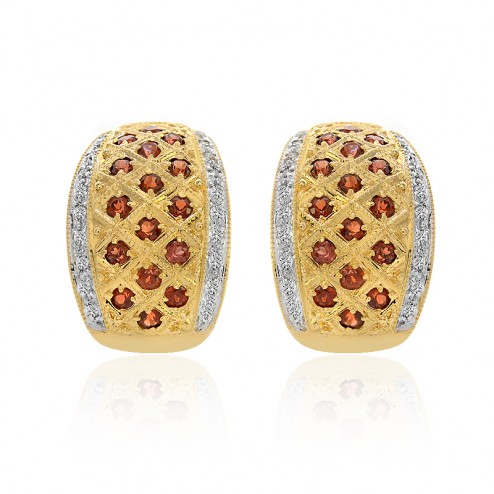 1.38 Carat Garnet & Diamond Huggy Earrings 14K Yellow Gold