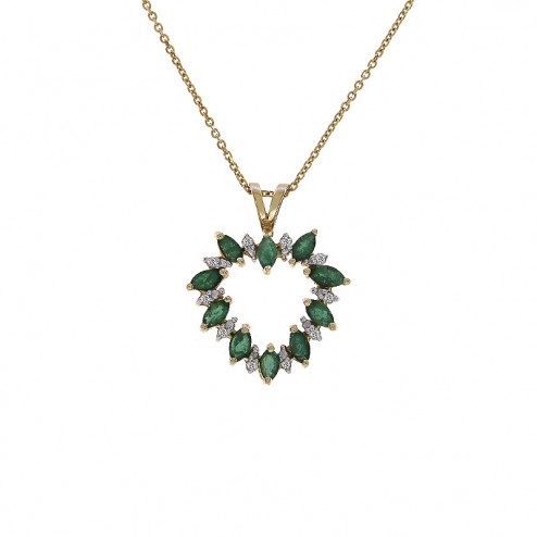 1.00 Carat Emerald & 0.10 Carat Diamond Heart Pendant Necklace 14K Yellow Gold