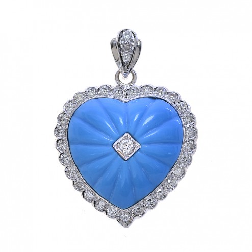 1.00 Carat Diamond And Turquoise Heart Pendant 18K White Gold