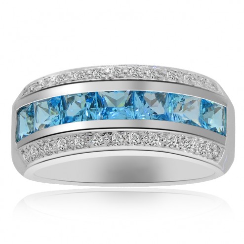 3.22 Carat Princess Cut Blue Topaz with Diamond Cocktail Ring 14K White Gold