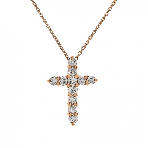 0.90 Carat Round Diamond Cross on 16" Cable Chain 14K Rose Gold 