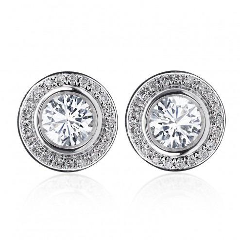 1.25 Carat Round Cut Diamond Bezel Set Halo Earrings 14K White Gold 
