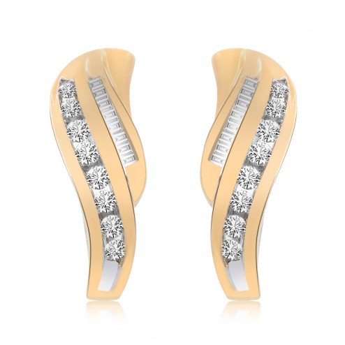 0.50 Carat Round & Baguette Cut Diamond Huggy Earrings 14K Yellow Gold