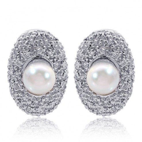 5.7mm White Sea Pearl & Pave Round Diamond Huggy Earrings 18K White Gold
