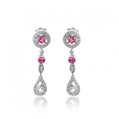 1.30 Carat Rose Cut Diamond & Pink Tourmaline Antique Style Drop Earrings 14K White Gold