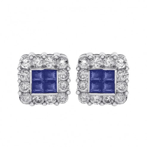 0.45 Carat Sapphire & 0.75 Carat Diamond Stud Earrings 14K White Gold