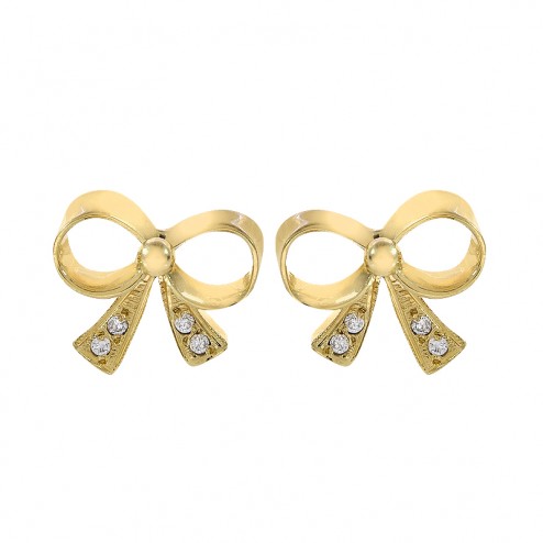 0.10 Carat CZ Bow Tie Vintage Stud Earrings 18K Yellow Gold