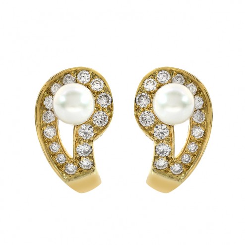 1.00 Carat Round Diamond and Pearl Huggy Earrings 14K Yellow Gold