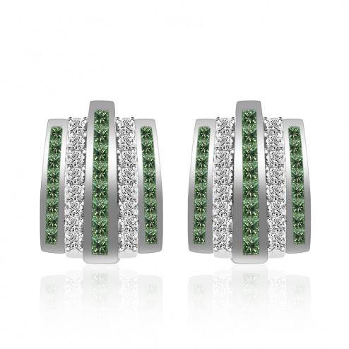 3.20 Carat White & Fancy Green Princess Cut Diamond Huggy Earrings 14K White Gold  