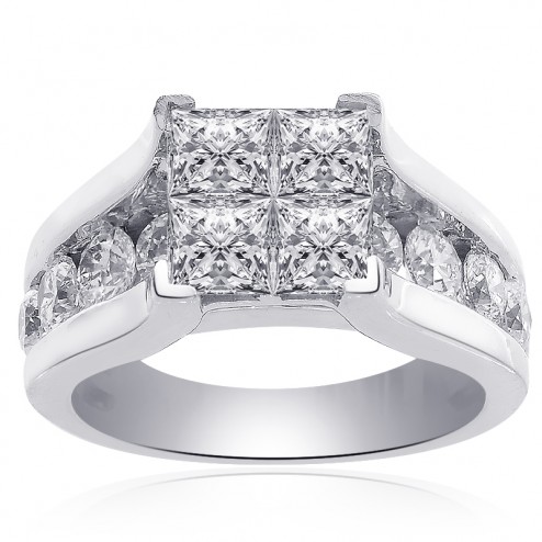 3.00 Carat F VS2 Invisible Set Princess Cut Quad Diamond Engagement Ring 14k White Gold