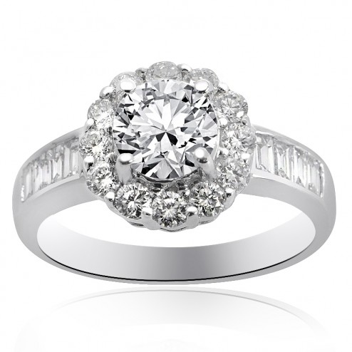 1.97 Carat H-VS2 Natural Round Cut Diamond Halo Engagement Ring 18K White Gold