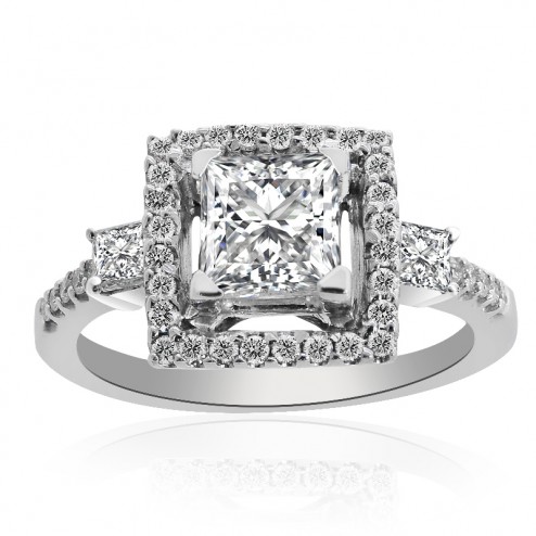 1.57 Carat G-VS2 Princess Cut Diamond Halo Engagement Ring 14K White Gold