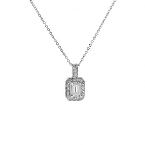 0.59 Carat Emerald Cut & Round Diamond Halo Pendant on Cable Link Chain 14K White Gold 