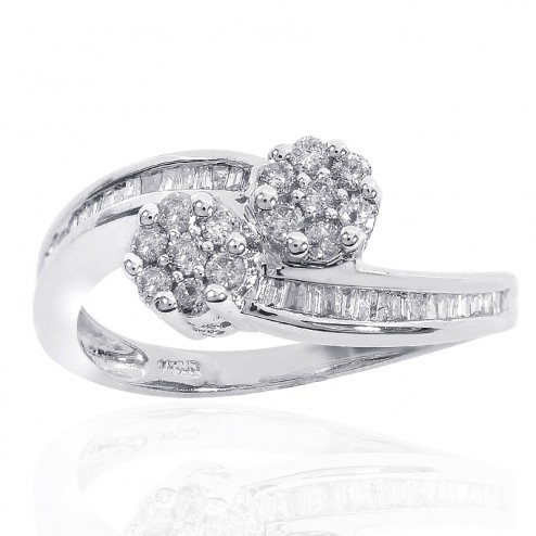 0.60 Carat Round Cut Baguette Diamond Floral Ring 14K White Gold