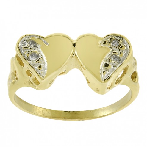 0.04 Carat Round Cut Diamond Double Heart Ring 14K Yellow Gold