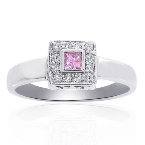 0.15 Carat Princess Cut Diamond with Pink Sapphire Ring 14K White Gold 
