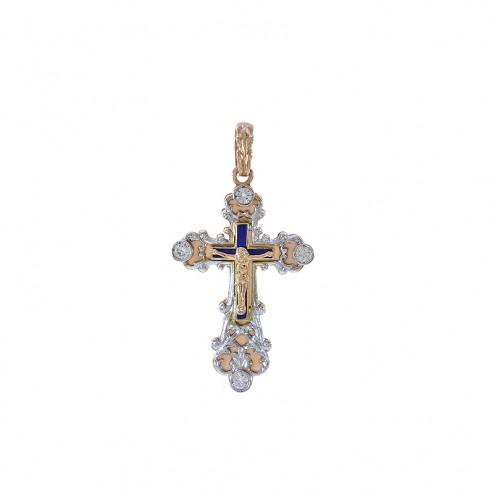 0.45 Carat Diamond & Enamel Russian Orthodox Antique Cross Pendant 14K Rose Gold