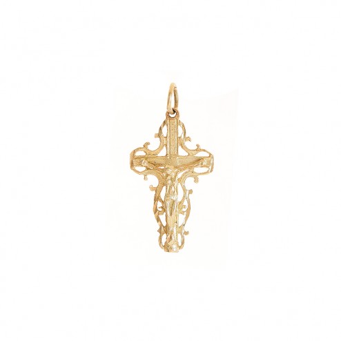 14K Yellow Gold Art Deco Jesus Crucifix Cross Pendant