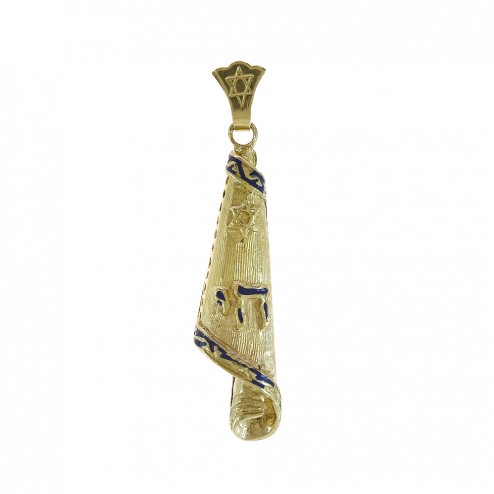 14K Yellow Gold Blue Enamel Vintage Torah Scroll Mezuzah Pendant