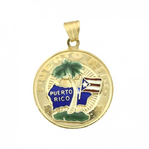 Puerto Rico Island Palm Tree Vintage Medal Pendant 14K Yellow Gold 