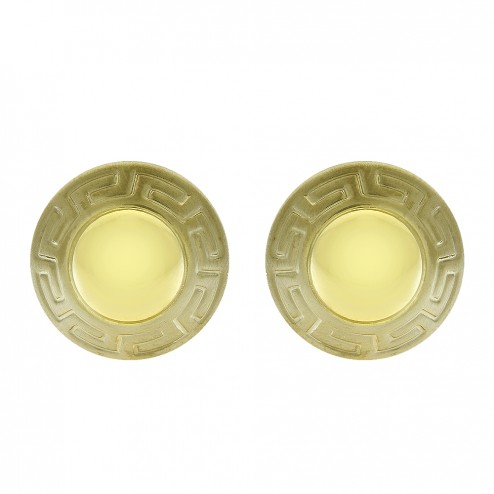 Two Tone 14K Gold Greek Key Button Omega Back Earrings Italy