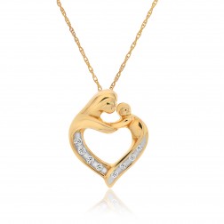 0.08 Carat Round Diamond Mother & Child Heart Pendant on Cable Chain 10K Yellow Gold