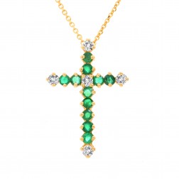 0.75 Carat Round Emerald & Diamond Cross Necklace 14K Yellow Gold  
