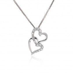0.75 Carat Round Cut Diamond Heart Duet Pendant on Byzantine Chain 14K White Gold 