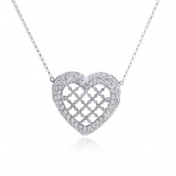2.15 Carat Pavé Round Diamond Filigree Heart Necklace 18K White Gold