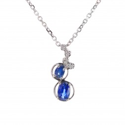 0.80 Carat Oval Shape Sapphire & Round Diamond Pendant on Cable Link Chain 14K White Gold