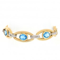 12.4mm 14K Two Tone Gold Oval Cut Blue Topaz Anchor Link Bracelet Italy