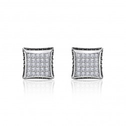 Sterling Silver Black And White Cubic Zirconia Square Micropave Stud Earrings